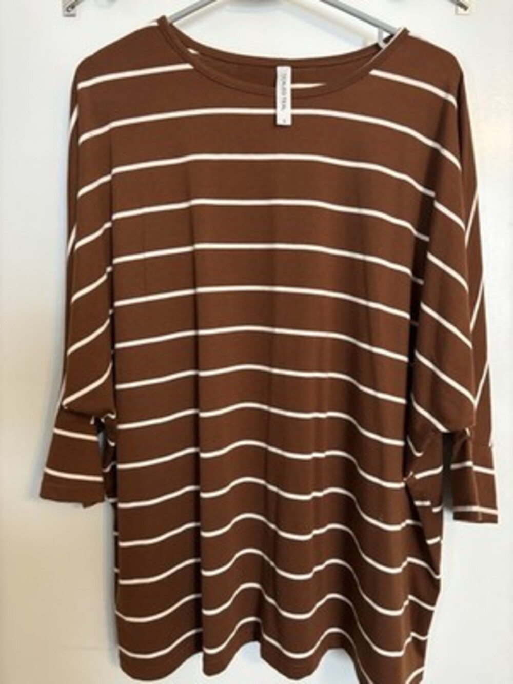 Tickled Teal Brown White Striped 3/4 Sleeve Round Neck T-Shirt Size S